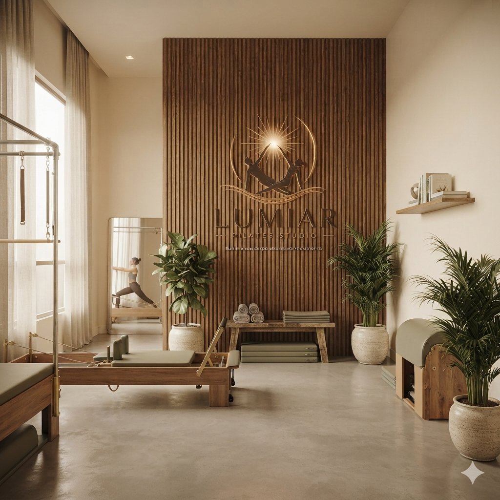 Detalhe de mãos apoiadas em equipamento de Pilates, com luz natural suave